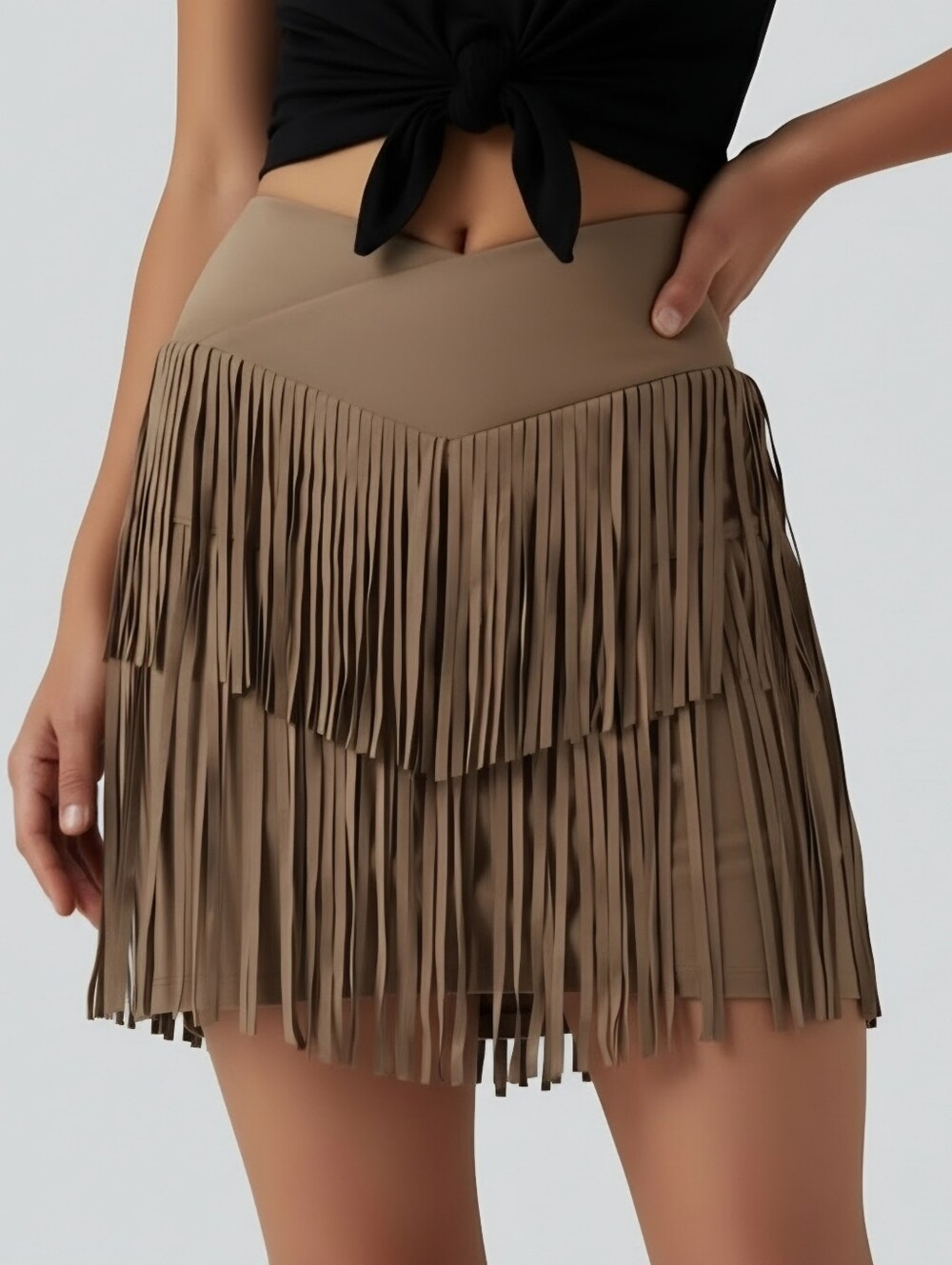 NWT HALARA Taupe Fringe V-Waist Mini Skirt Sz S